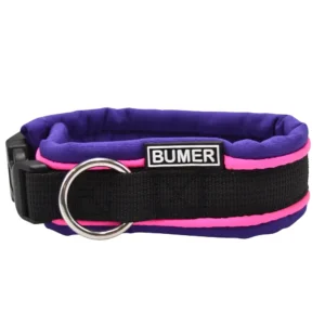 BUMER Steckhalsband, Hundehalsband für Hunde, gepolstert, Halsumfang: 24cm, Gurtband: PREMIUM Pitch Black, Softshell: Lila Viola, Ringe: silberfarbig (Edelstahl)