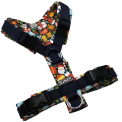 BUMER Hundegeschirr, Gurtband: PREMIUM Midnight Indigo, Softshell: Weihnachten #3, gepolstert ohne geteiltem Bruststeg, Größe XXS, Ringe: silberfarbig (Edelstahl), Schnallen: schwarz (DURAFLEX®), Applikation