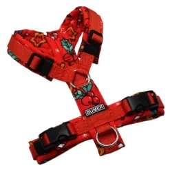 BUMER Hundegeschirr, Gurtband: PREMIUM Scarlett Essence, Softshell: Weihnachten #1, gepolstert ohne geteiltem Bruststeg, Größe XXS, Ringe: silberfarbig (Edelstahl), Schnallen: schwarz (DURAFLEX®), Applikation