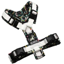 BUMER Hundegeschirr, Gurtband: PREMIUM Silken Snow, Softshell: Einhorn Regenbogen, gepolstert ohne geteilten Bruststeg, Größe XXS, Ringe: silberfarbig (Edelstahl), Schnallen: schwarz (DURAFLEX®). Applikation