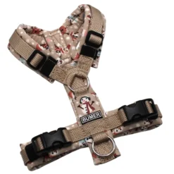 BUMER Hundegeschirr, Gurtband: PREMIUM Soft Beige, Softshell: Schal und Karotte, gepolstert ohne geteilten Bruststeg, Größe XXS, Ringe: silberfarbig (Edelstahl), Schnallen: schwarz (DURAFLEX®), Applikation