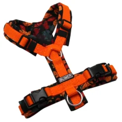 BUMER Hundegeschirr, Gurtband: Safran Glut (PREMIUM X), Softshell: Herbstfunkeln, gepolstert ohne geteiltem Bruststeg, Größe XXS, Ringe: silberfarbig (Edelstahl), Schnallen: schwarz (DURAFLEX®)