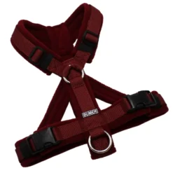 BUMER Hundegeschirr, gepolstert mit geteiltem Bruststeg, Größe XS/S, Gurtband: PREMIUM Bordeaux, Fleece: Burgundy Dusk, Ringe: silberfarbig (Edelstahl), Schnallen: schwarz (DURAFLEX®)