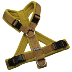 BUMER Hundegeschirr, gepolstert mit geteiltem Bruststeg, Größe XS/S, Gurtband: PREMIUM Golden Sand, Fleece: Mossy Bronze, Ringe: silberfarbig (Edelstahl), Schnallen: schwarz (DURAFLEX®)