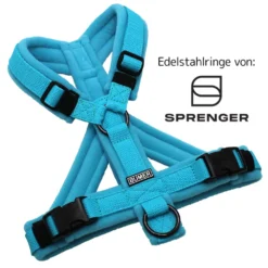 BUMER Hundegeschirr, gepolstert mit geteiltem Bruststeg, Größe XS/S, Gurtband: PREMIUM X Glacier Breeze, Fleece: Clearwaterblue, Ringe: schwarz (Edelstahl), Schnallen: schwarz (DURAFLEX®)