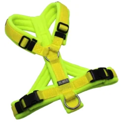BUMER Hundegeschirr, gepolstert mit geteiltem Bruststeg, Größe XS/S, Gurtband: PREMIUM X Zitrinzauber, Fleece: Neongelb, Ringe: silberfarbig (Edelstahl), Schnallen: schwarz (DURAFLEX®)