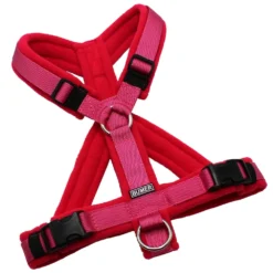 BUMER Hundegeschirr, gepolstert mit geteiltem Bruststeg, Größe S, Gurtband: PREMIUM Himbeer Sorbet, Fleece: Cartoon Pink, Ringe: silberfarbig (Edelstahl), Schnallen: schwarz (DURAFLEX®)