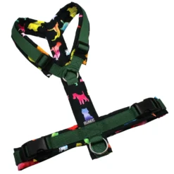 BUMER Hundegeschirr, gepolstert ohne geteilten Bruststeg, Größe L, Gurtband: PREMIUM Evergreen Dream, OXFORD: Bunte Hunde, Ringe: silberfarbig (Edelstahl), Schnallen: schwarz, Applikation