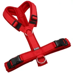 BUMER Hundegeschirr, gepolstert ohne geteilten Bruststeg, Größe M, Gurtband: PREMIUM Flammenrot, MESH: Rot, Ringe: silberfarbig (Edelstahl), Schnallen: schwarz