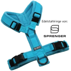 BUMER Hundegeschirr, gepolstert ohne geteilten Bruststeg, Größe XS, Gurtband: PREMIUM X Glacier Breeze, Fleece: Clearwaterblue, Ringe: schwarz (Edelstahl), Schnallen: schwarz (DURAFLEX®)