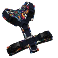 BUMER Hundegeschirr, gepolstert ohne geteilten Bruststeg, Größe XXS, Gurtband: PREMIUM Midnight Indigo, Softshell: Einhorn #5, Ringe: silberfarbig (Edelstahl), Schnallen: schwarz (DURAFLEX®)